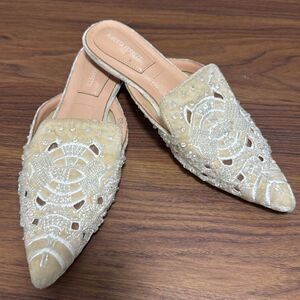 Alberta Ferretti Beige Velvet Flat Mules Embellished with Beads & Crystals.